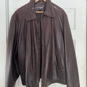 GUESS Brown Leather Jacket | Men’s XL | Classic Zip Front